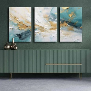 Set 3 tablouri decorative canvas 45x70 cm, panza 100% grosime 2.8mm, rama lemn pin 100%, dimensiune totala 145x70 cm, alb/auriu/albastru - Verificat A · Re-Bloom