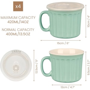 Set 4 boluri ceramice, cu maner si capac, 400 ml, rezistente la microunde, Turcoaz, Resigilat, Grad A - Img 4