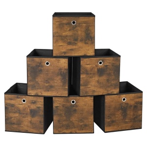 Set 6 cutii de depozitare, carton/panza Oxford, maro rustic/negru, 30 x 30 x 30 cm, Resigilat, Grad A