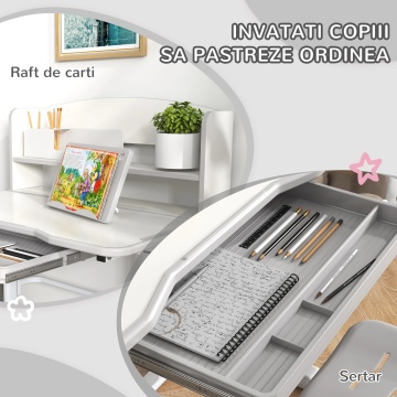 Set birou si scaun copii 6-12 ani, reglabil 82-104 cm, blat inclinabil 45°, sertar, raft carti, MDF/PP/otel, gri si alb - Verificat A · Re-Bloom - Img 6