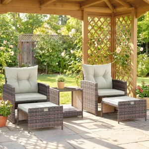 Set de gradina 5 piese, ratan PE/otel/sticla/poliester, 2 fotolii 62x65x75cm + 2 taburete 52x50x35cm + masa 45x45x49cm, perne 5/8cm incluse, capacitate 120kg fotoliu/30kg masa, maro/crem/negru - Verificat A · Re-Bloom - Img 2