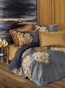 Set husa pilota + fata de perna, satin bumbac 100%, 135x200 cm + 80x80 cm, gri/auriu - Verificat A · Re-Bloom