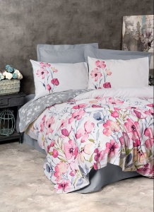 Set lenjerie de pat husa pilota + 2 fete de perna, bumbac ranforce 100%, 260x220 cm + 2x60x60 cm, 145 fire, imprimeu pigmentat floral, nasturi/plic, multicolor - Verificat A · Re-Bloom - Img 1