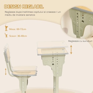 Set masa si scaun copii reglabil Re-Bloom, PP/MDF/otel, masa 60x40x58-76 cm + scaun 40x36x70-78 cm, varsta 6-12 ani, 100/150 kg, lemn natur - Verificat A · Re-Bloom - Img 4