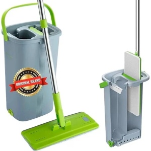 Set mop si galeata, mop plat cu maner din otel inoxidabil, galeata inovatoare cu doua camere pentru utilizare umeda si uscata, 1 Rezerva, Resigilat, Grad A - Img 4