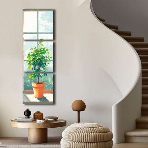 Set tablou decorativ Re-Bloom, 3 piese, model copacel in ghiveci, panza/lemn, multicolor, 45 x 141 cm - Img 3