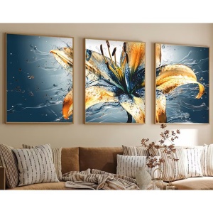 Set tablou decorativ Re-Bloom, 3 piese, model crin, MDF/lemn masiv, albastru/auriu, 50 x 70 cm - Img 1