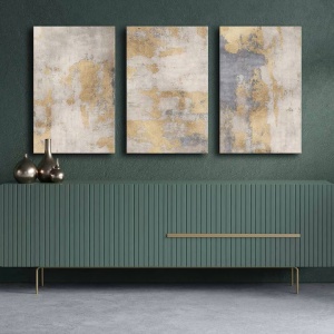 Set tablou decorativ Re-Bloom, 3 piese, panza/lemn, gri/auriu, 145 x 70 cm