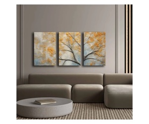 Set tablou decorativ Re-Bloom, 3 piese (Triptic), lemn masiv & pânză bumbac, gri/galben-auriu, 145 × 70 cm (Verificat Grad A) - Img 3