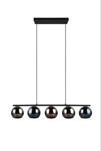 Sheldon lustra pendul 5 lumini E14, 83x150 cm, fier vopsit negru mat, globuri sticla fumurie, inaltime reglabila, 230V - Verificat A · Re-Bloom