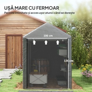 Sopron pentru unelte anti-UV Re-Bloom, otel zincat/PE, 120x179x165 cm, usa 106x126 cm, 6 carlige+6 suruburi+15 franghii incluse, gri inchis - Verificat A · Re-Bloom - Img 4