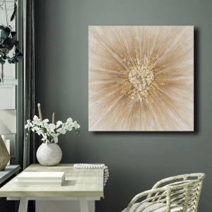 Tablou decorativ Re-Bloom, lemn/panza, bej/auriu, 70 x 70 cm - Img 3