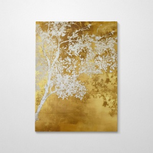 Tablou decorativ Re-Bloom, model copac, panza/lemn, auriu/alb, 70 x 100 cm