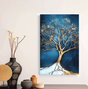 Tablou decorativ Re-Bloom, model copac, panza/lemn masiv, albastru/auriu, 60 x 90 cm - Img 4