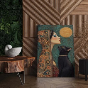 Tablou decorativ Re-Bloom, model femeie si pisica, panza/lemn, multicolor, 70 x 100 cm - Img 5