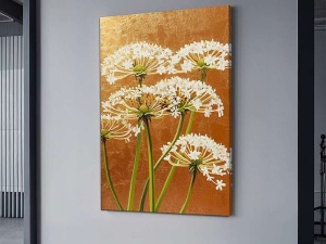 Tablou decorativ Re-Bloom, model floral, panza/lemn, auriu/alb/verde, 70 x 100 cm - Img 4