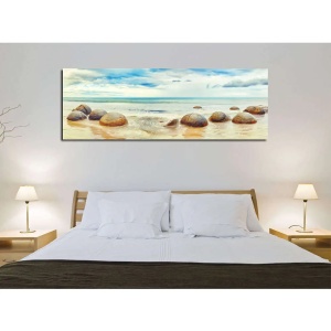 Tablou decorativ Re-Bloom, model marea, lemn/panza, albastru/bej, 80 x 30 x 3 cm - Img 3
