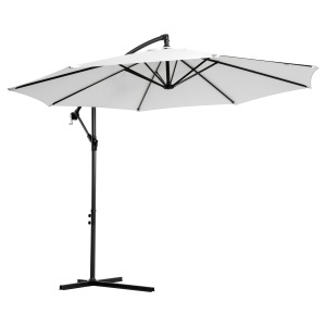 Umbrela de gradina cu brat si manivela, otel/poliester, Ø295x245 cm, stalp brat Φ42mm + sustinere Φ48mm, alb crem/negru - Verificat A · Re-Bloom