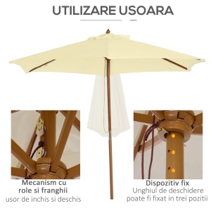 Umbrela de gradina patrata Re-Bloom, poliester 180g/lemn, diametru 250 cm, inaltime 245 cm, suport 38mm, 6 kg, crem - Verificat A · Re-Bloom - Img 5