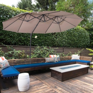 Umbrela dubla anti-UV impermeabila Re-Bloom, poliester/otel, diametru 270 cm, inaltime 250 cm, baza 100x100 cm, 18 kg, maro - Verificat A · Re-Bloom - Img 2
