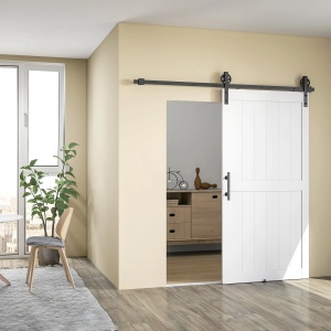 Usa glisanta stil rustic, MDF/pin/otel carbon, panou 106.6x3.5x213.4 cm, sina 213.4cm, maner inclus, 2 ghidaje podea, alb/negru - Verificat A · Re-Bloom - Img 2