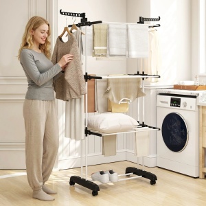 Uscator rufe pliabil 4 nivele, 2 aripi pivotante, 14 carlige, 4 roti, otel/PP, 73x64x177cm, Negru - Verificat A · Re-Bloom - Img 2