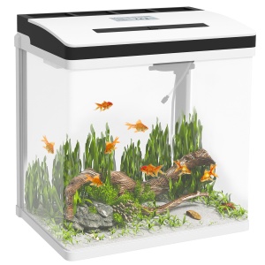 Acvariu 28L 38x26x38 cm, sticla HD 4mm, LED gradient reglabil 4.5W, filtru ploaie, pompa silentioasa 2.5W, capac alb/transparent - Verificat A · Re-Bloom