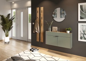 Ameca pantofar 110x57x22 cm, 2 usi, 1 sertar, 4 rafturi, PAL gri-verde/stejar Navarra - Verificat A · Re-Bloom - Img 2