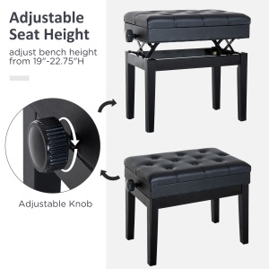 Bancuta pentru pian cu compartiment depozitare, lemn masiv/piele PU/spuma, 54.5x33x48-58 cm, inaltime reglabila, compartiment 50x29x4 cm, captuseala 3.5cm, capacitate 200kg, negru - Verificat A · Re-Bloom - Img 6