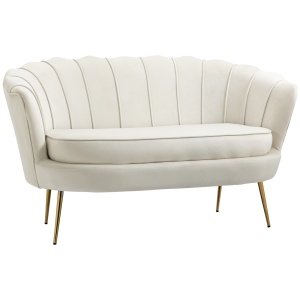 Canapea vintage 2 locuri Re-Bloom, catifea poliester/spuma cauciuc/metal, 130x77x77 cm, sezut 104x56 cm, 150 kg, crem/auriu - Verificat A · Re-Bloom