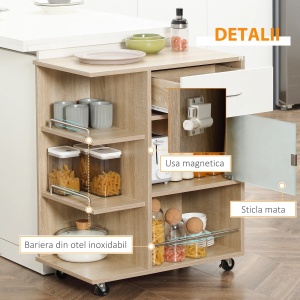 Carucior de bucatarie modern cu sertar, 3 rafturi si dulap cu usa sticla, placi aglomerate/inox/sticla, 65x39x80 cm, sertar 33.4x28.5x9cm, dulap 38.9x37.5x25.7cm, capacitate 40kg, natural/alb - Verificat A · Re-Bloom - Img 4