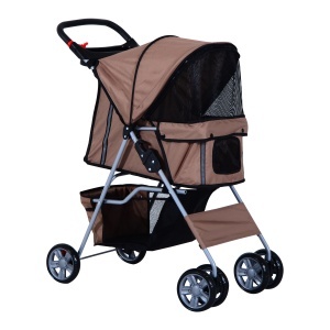 Carucior pliabil caini/pisici max 10 kg, 75x45x97 cm, acoperis retractabil, plasa nylon, cos depozitare, otel/Oxford, maro - Verificat A · Re-Bloom