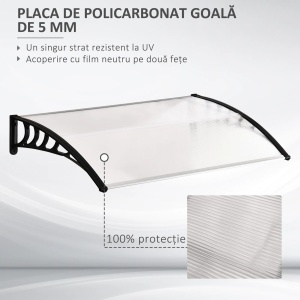 Copertina de exterior curbata, policarbonat 5mm/aluminiu/PP, 90x150x25 cm, suport perete 90x25 cm, transparent/negru - Verificat A · Re-Bloom - Img 5