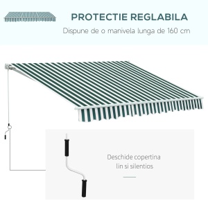 Copertina de soare cu brate reglabile si manivela, aluminiu/poliester, 295cm latime, extensie max 250cm, rola aluminiu 6cm, bara torsiune otel 35x35mm, verde/alb - Verificat A · Re-Bloom - Img 4