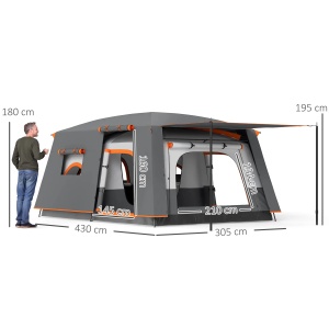 Cort de camping Re-Bloom, poliester/fibra sticla/PE, 430x305x195 cm, 2 camere + veranda, impermeabil UPF30+, 12 cuie + 8 franghii + geanta transport incluse, gri/portocaliu - Verificat A · Re-Bloom - Img 2