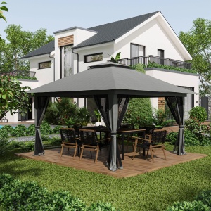 Cort foisor pliabil cu inaltime ajustabila, metal/Oxford/nailon, 392x392x283 cm, streasina 186cm, spatiere coloane 300x300cm, pliat 25x25x125cm, pereti plasa 300x200cm, 4 saci greutate inclusi, gri inchis - Verificat A · Re-Bloom - Img 2