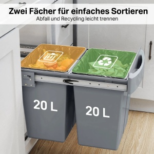 Cos de gunoi glisant sub chiuveta cu 2 galeti Re-Bloom, PP/ABS/metal, 52x33.5x41 cm, 2x20L, gri - Verificat A · Re-Bloom - Img 5