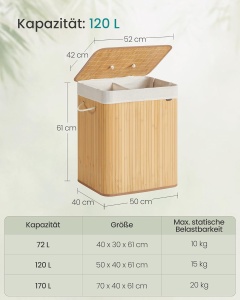 Cos pentru rufe Songmics, 2 compartimente, bambus/textil, natur, 50 x 40 x 61 cm, Resigilat, Grad A - Img 2