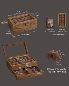 Cutie pentru ceasuri Songmics, lemn masiv/sticla, maro rustic, 34 x 19 x 12,5 cm, Resigilat, Grad A - Img 2