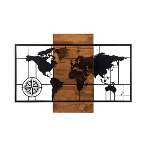Decor de perete World Map With Compass, lemn/metal, 85x58 cm, negru/maro - Verificat A · Re-Bloom