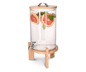 Dozator bauturi sticla borosilicata cu stand bambus, 7L, Ø20x30cm, inaltime totala 46.5cm, 3.5kg, robinet inox/silicon, capac bambus/inox, transparent/natur - Verificat A · Re-Bloom - Img 1