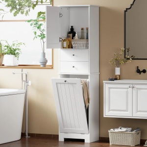 Dulap pentru baie cu cos rufe pliabil Re-Bloom, MDF, 45x30x171.3 cm, dulapior+2 sertare+cos rufe, 20 kg, alb - Verificat A · Re-Bloom - Img 2