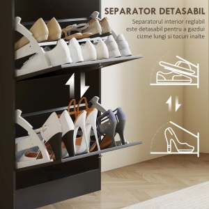 Dulap pentru pantofi Re-Bloom, PAL melaminat, 60x23.5x115 cm, 3 sertare, rafturi reglabile 2 niveluri, 12-18 perechi, 40 kg, negru - Verificat A · Re-Bloom - Img 4