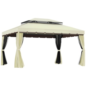 Foisor de gradina 4x3 m Re-Bloom, aluminiu/poliester/plasa nylon, 390x290x270 cm, acoperis dublu anti-UV, plasa tantari+perdele incluse, stresina 195 cm, crem/maro - Verificat A · Re-Bloom