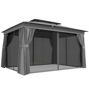 Foisor de gradina cu 2 niveluri, plasa tantari si perdele, 380x300x270 cm, acoperis UPF30+, coloane metal vopsit electrostatic, gri inchis - Verificat A · Re-Bloom
