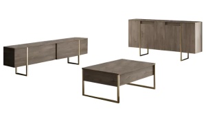 Forme XL set 3 piese living, comoda TV 180cm, masuta cafea 90cm, comoda 160cm, PAL 18mm, picioare metal, nuc si auriu - Verificat A · Re-Bloom