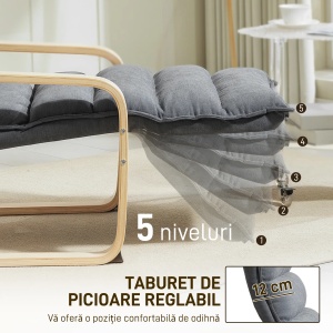 Fotoliu relaxant cu suport pentru picioare reglabil, catifea poliester/lemn mesteacan/spuma, 67x93-114x105 cm, sezut 55x45x45cm, capacitate 120kg, gri inchis/natur - Verificat A · Re-Bloom - Img 5