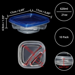Freshly Contained set 10 caserole alimentare 17x17x4.9 cm, 2 compartimente, 620 ml, polipropilena, fara BPA, capace etanse, albastru/transparent - Verificat A · Re-Bloom - Img 5