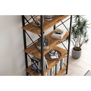 Hanah Home biblioteca industriala 90x33.5x180 cm, PAL melamina 100%, cadru metal electrostatic, raft 55cm, pin atlantic/negru - Verificat A · Re-Bloom - Img 4