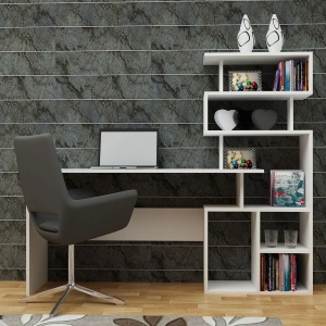 Hanah Home birou cu dulap, PAL melaminat, birou 130x40x70 cm + dulap 60x29.5x135 cm, grosime 18mm, fixare perete, alb - Verificat A · Re-Bloom - Img 2